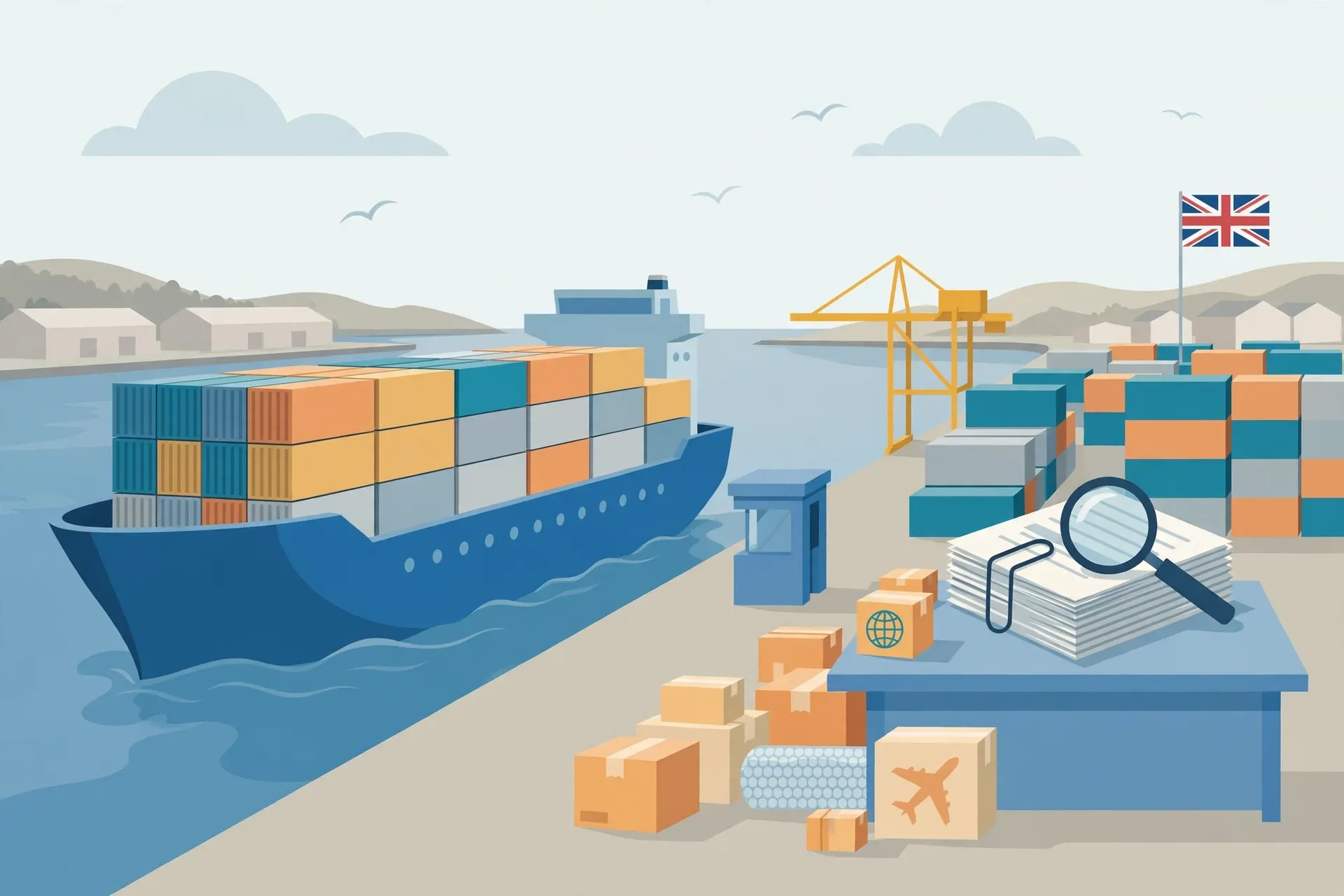 Illustration of a container ship arriving at a UK port with shipping containers for customs clearance