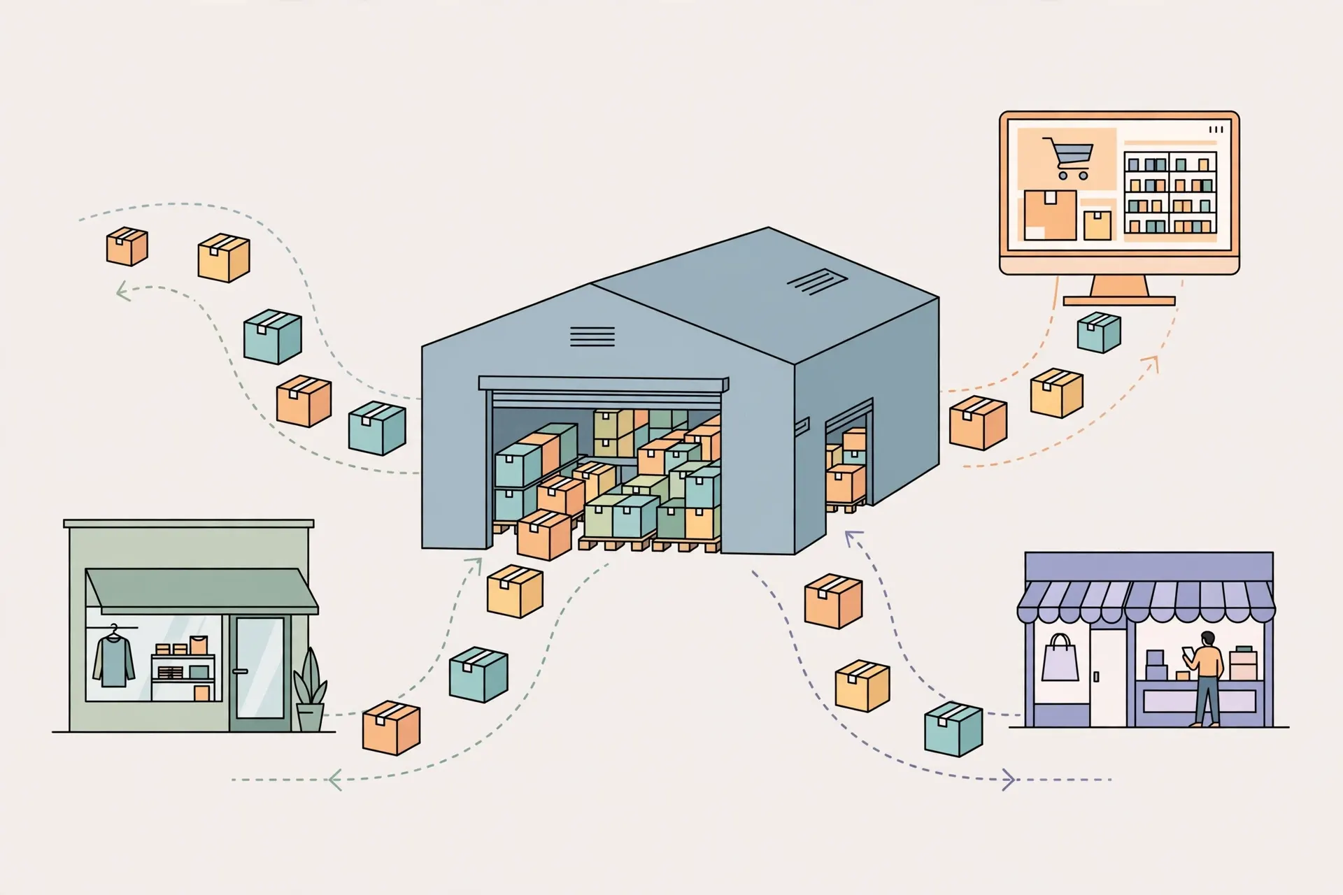 Illustration of a shared warehouse stock pool routing parcels to multiple marketplace sales channels