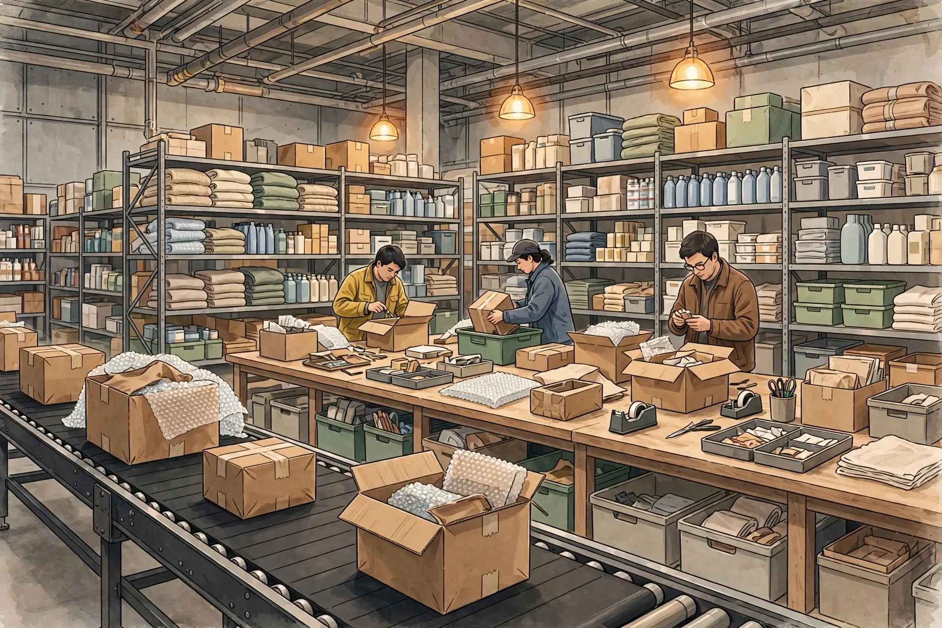 Editorial illustration of a warehouse returns station with parcels arriving on a conveyor, an inspection table for checking returned items, and shelves of restocked goods.