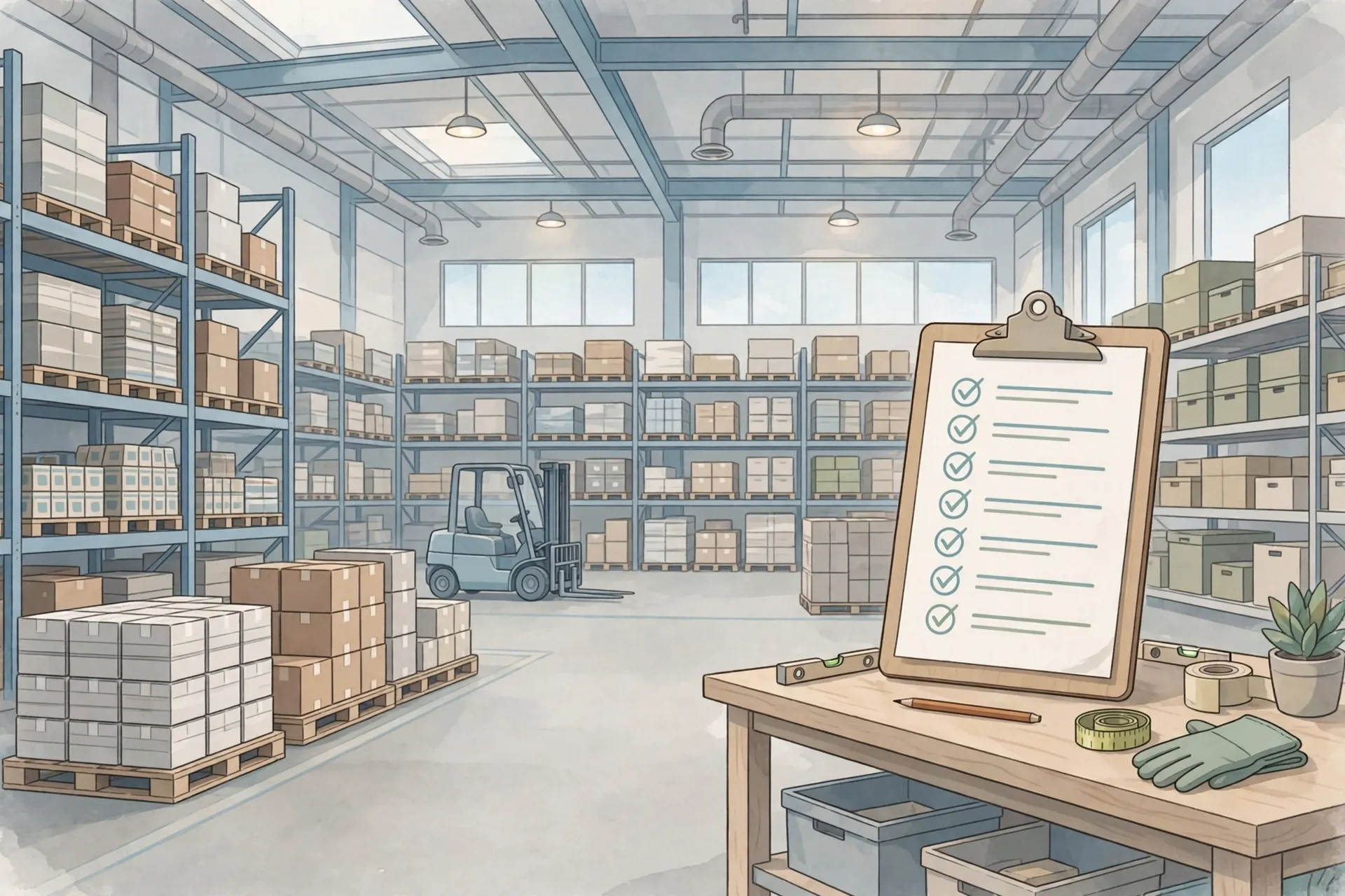 Illustration of a modern warehouse interior with a clipboard and ticked checklist in the foreground.