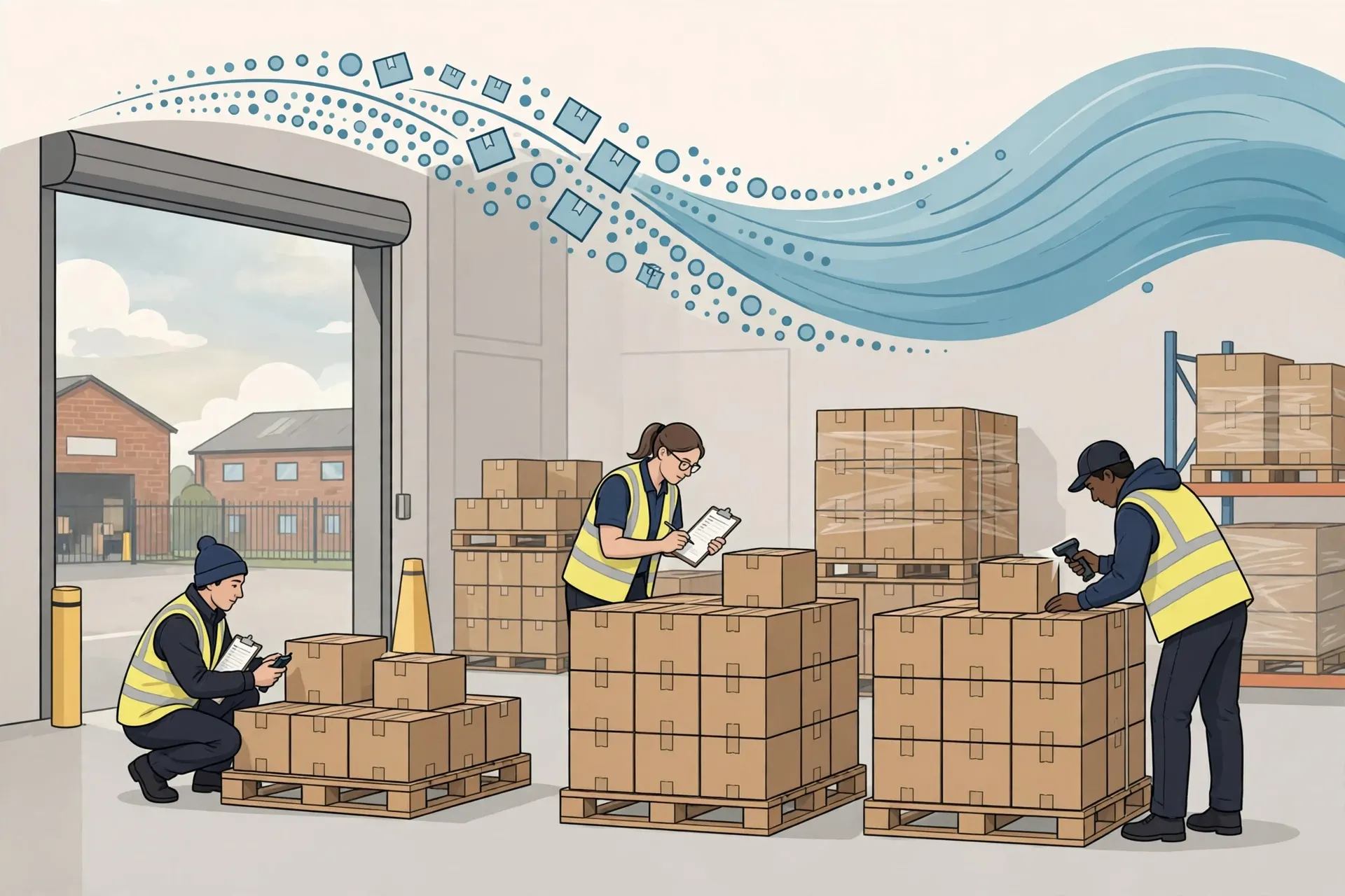 Illustration of pallets of crowdfunding rewards being received and quality-checked at a UK warehouse
