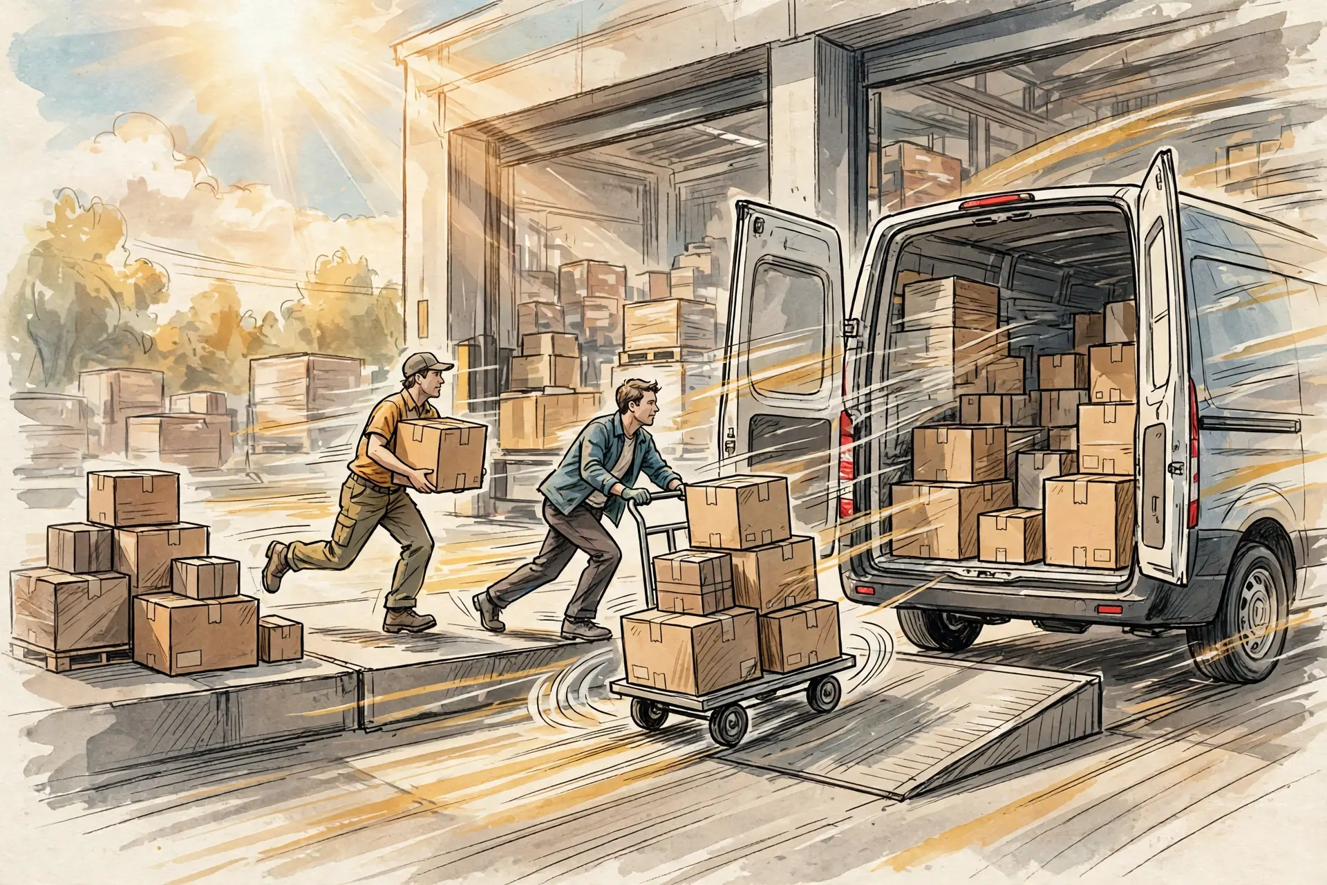 Illustration of warehouse workers loading parcels into a courier van at a warehouse loading dock.