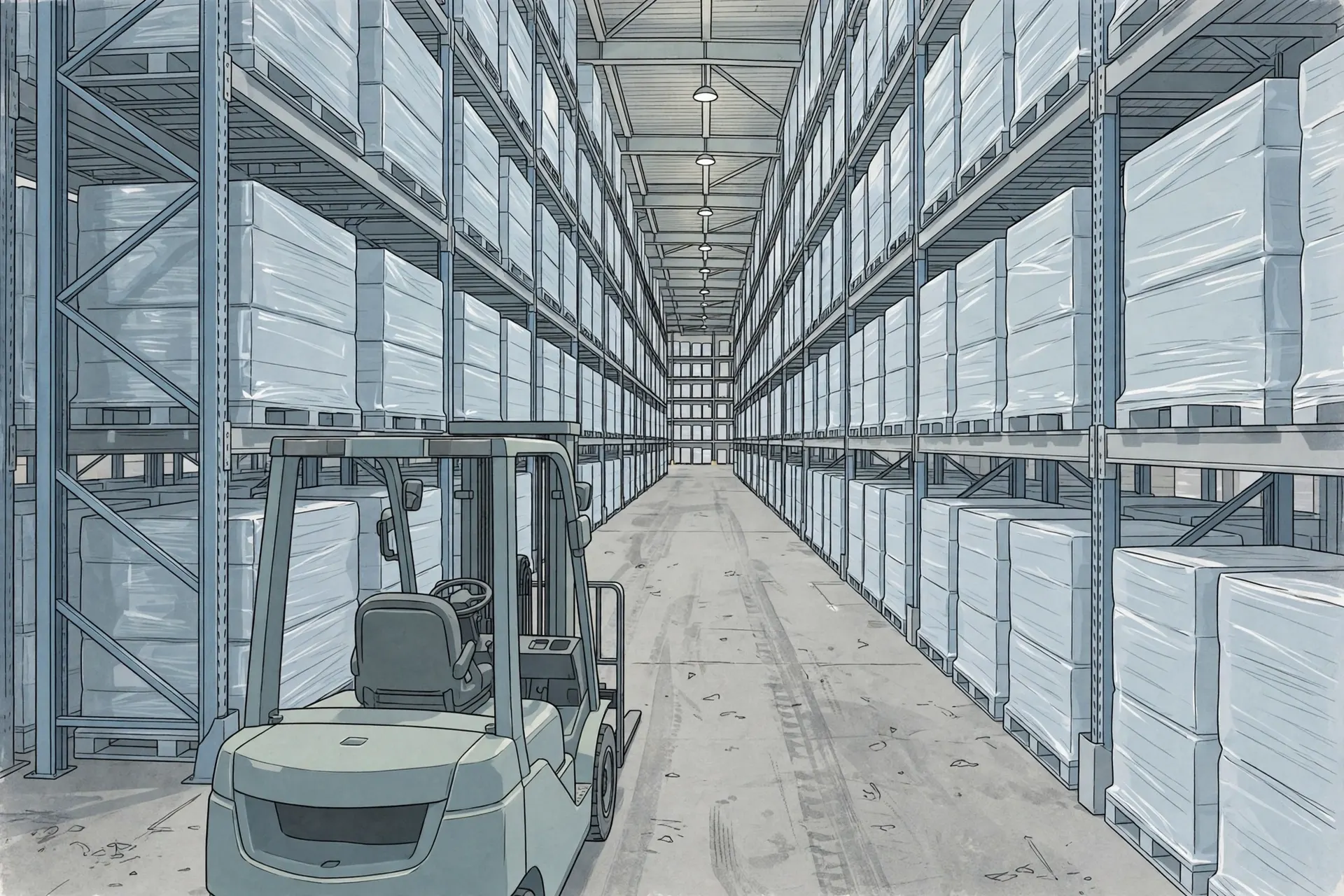 Editorial illustration of shrink-wrapped pallets stacked in tall warehouse racking along an aisle.
