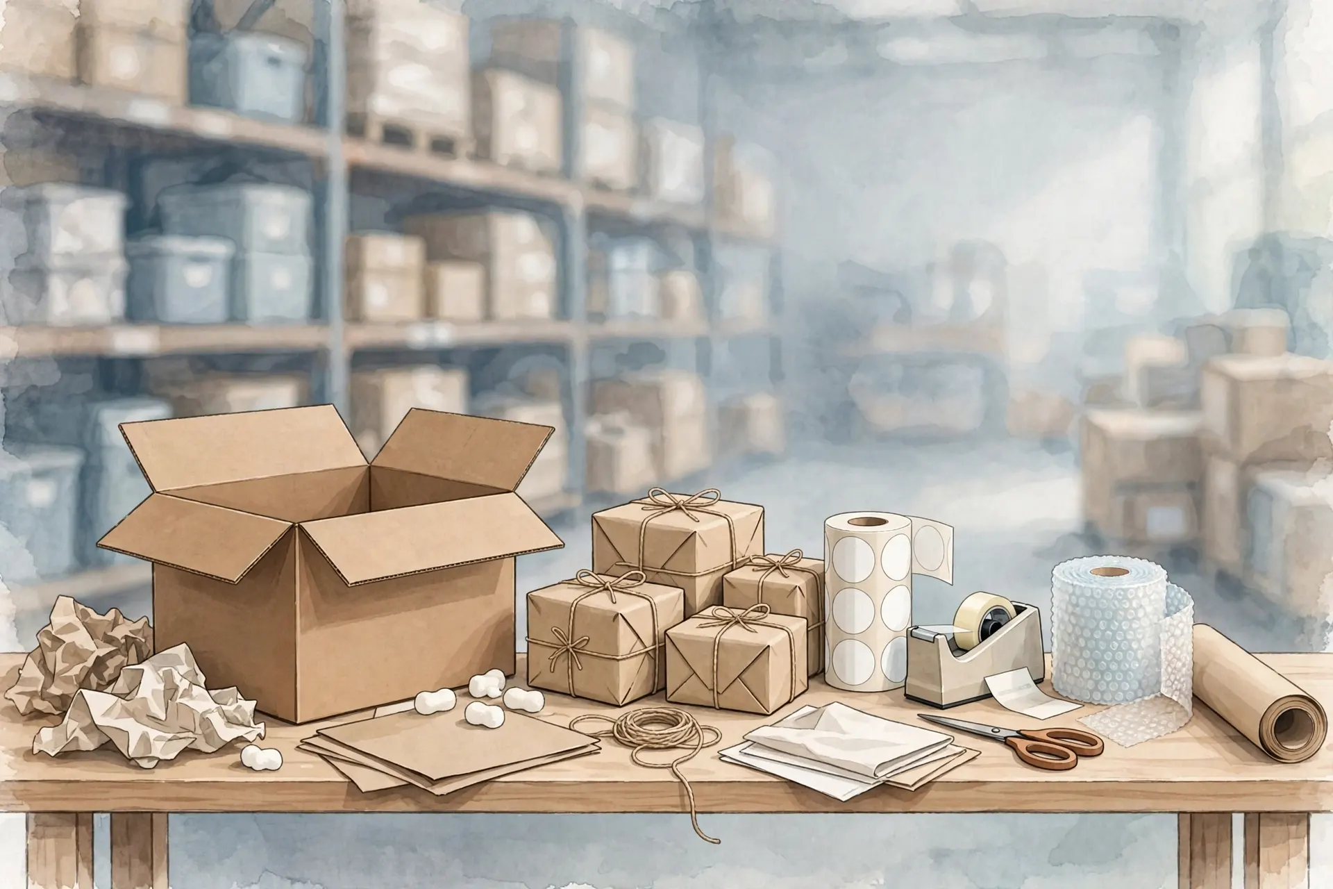 Illustration of a tidy packing bench with an open cardboard box, finished parcels, a roll of shipping labels and packing materials.