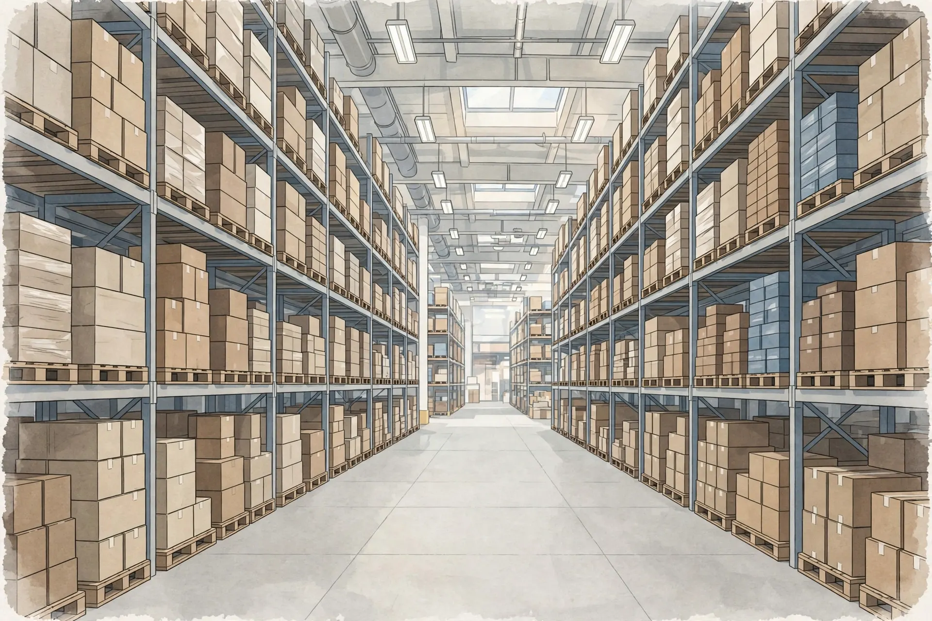 Illustration of tall pallet racking aisles filled with neatly stacked pallets and boxes in a bright warehouse.