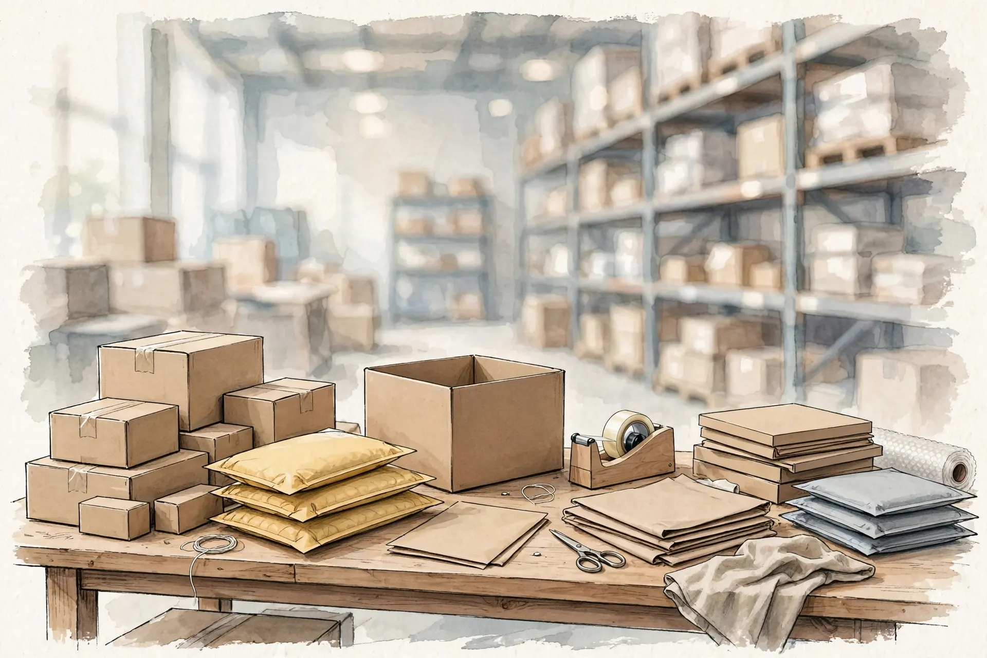 Illustration of an eCommerce packing station with sealed parcels and padded mailers on a workbench and warehouse shelving behind.