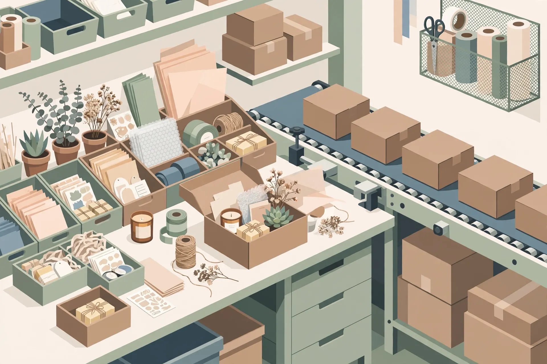 Illustration of a kitting station combining components into gift sets and bundles