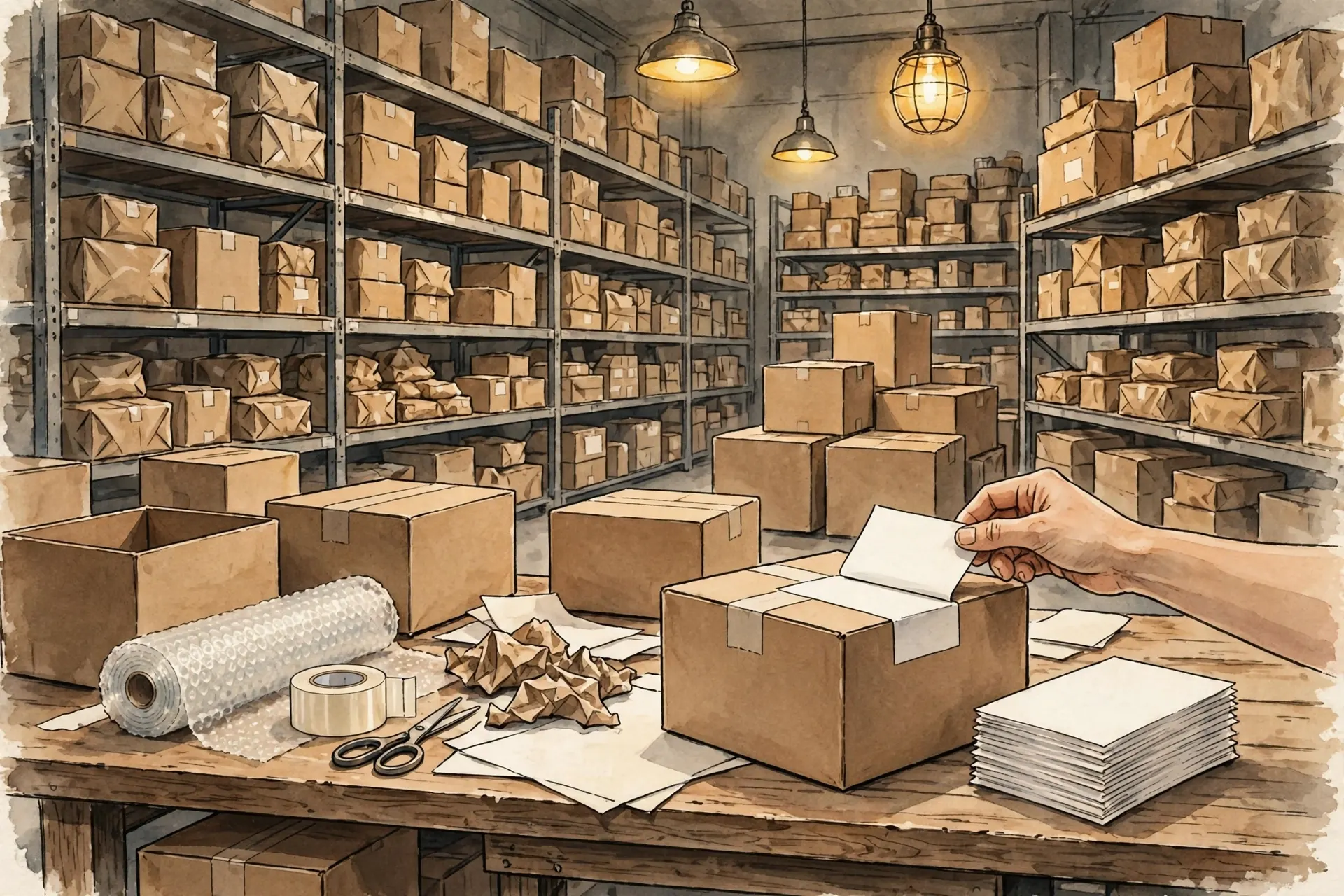 Illustration of a warehouse prep bench where a hand applies a blank shipping label to a cardboard box, with packing materials and stocked shelves behind.