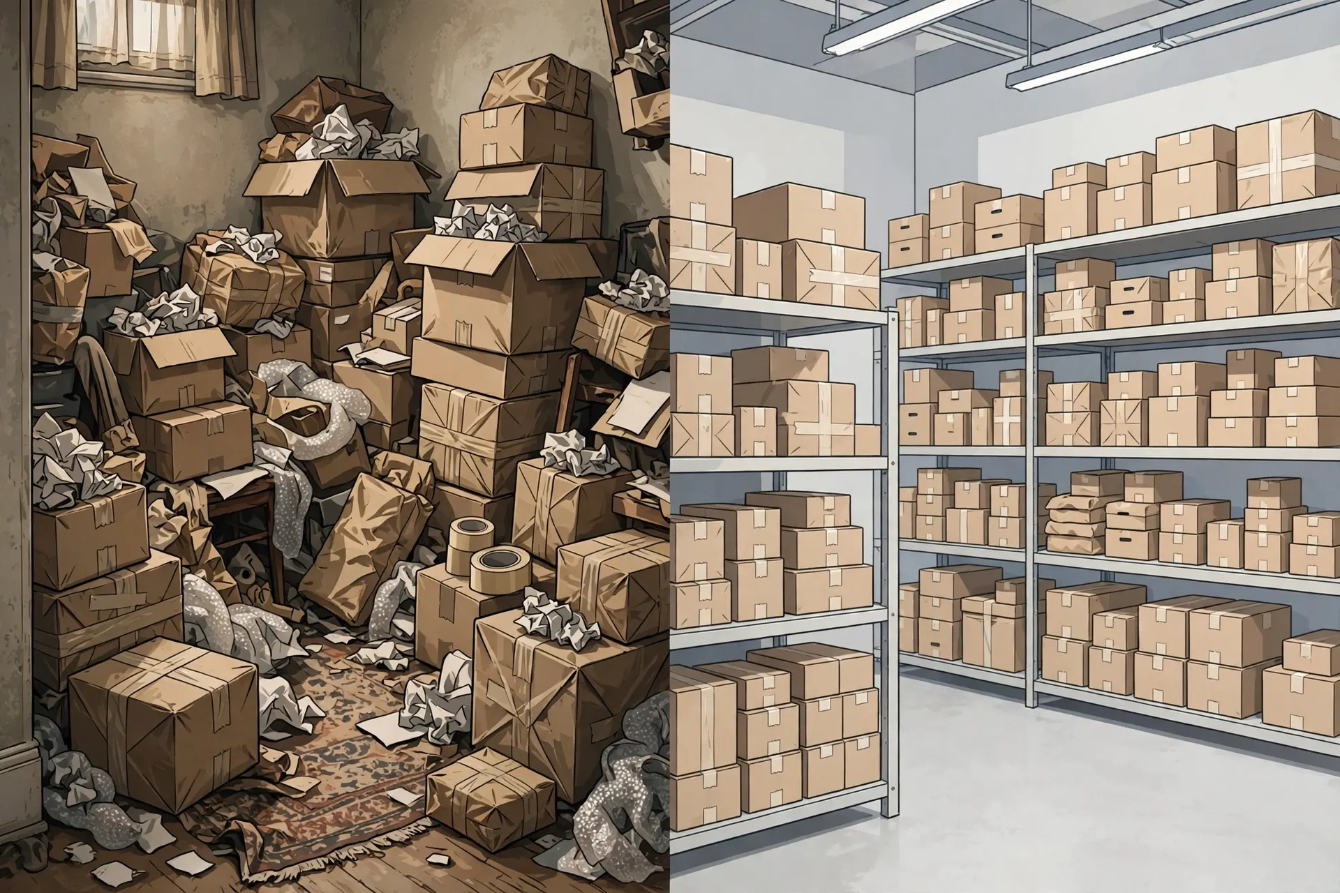 Illustration split in two: a cramped spare room with parcels piled chaotically on the left, and a bright organised professional warehouse on the right.