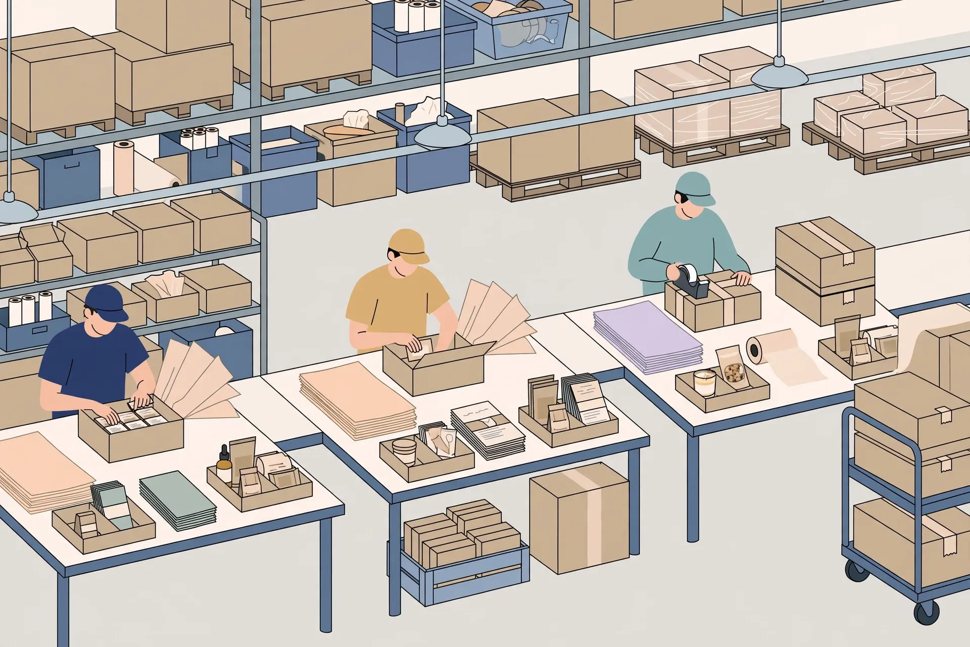 Illustration of a warehouse kitting line assembling subscription boxes with branded packaging